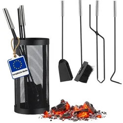Relaxdays Kaminbesteck 5-teilig im Eimer Schwarz,Silber