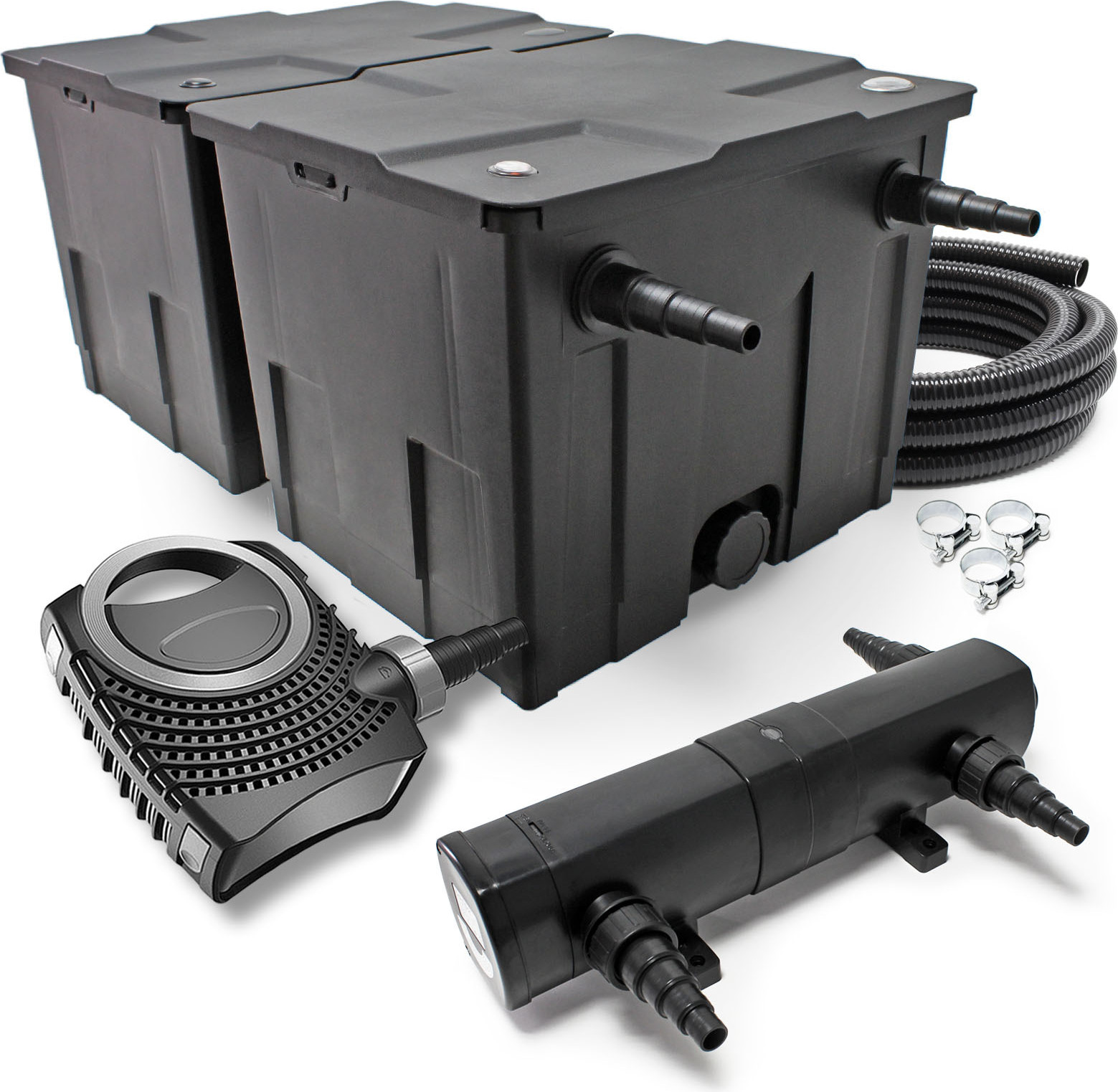 SunSun Komplettset: CBF-350B Teichfilter bis 60000 L Teichfilteranlage Durchlauffilter, NEO8000 Teichpumpe 8000l/h 70W, CUV-224 Teichklärer 24W, 10m Teichschlauch 38 mm, Schlauchschellen W1 44-47mm