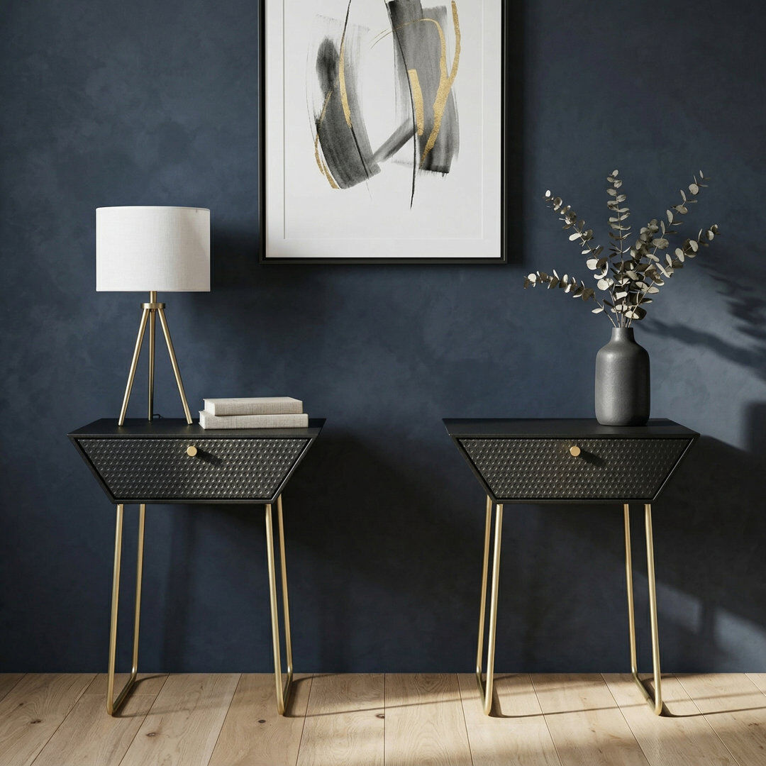 Core Products Set of 2 Apollo 1-Drawer Bedside Cabinets Black & Gold 57.5cm H X 46cm W X 34.5cm D