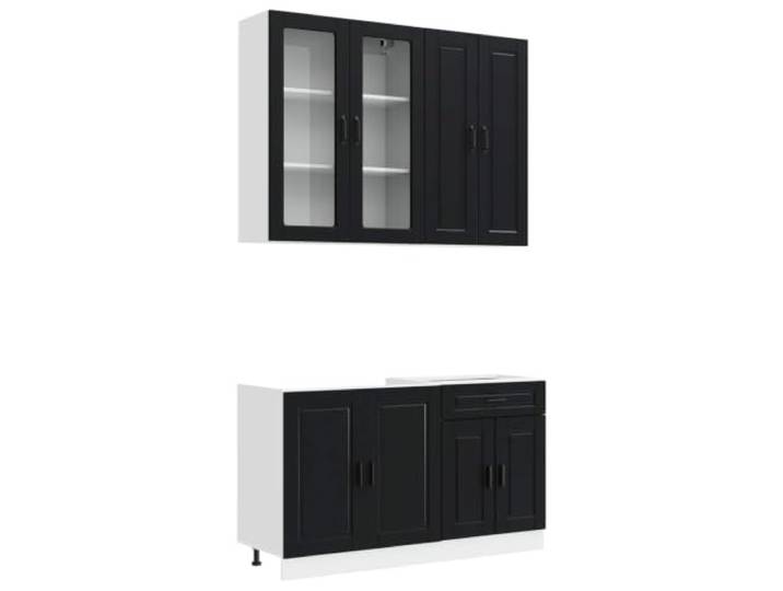 HKTMGDNG Küchenzeile Porto 4-teilig Schwarz Holzwerkstoff Küchenschrank Modularer Küchenunterschrank und Hängeschrank für kleine Küchen, mit Glaselement und höhenverstellbaren Standfüßen.