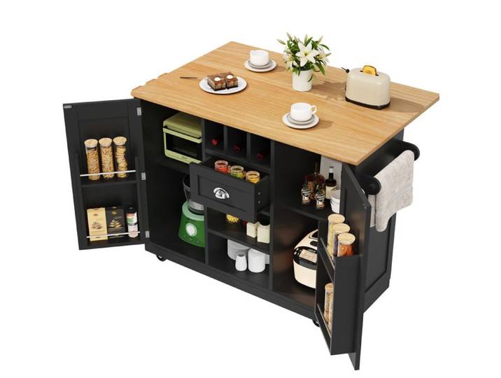 Îlot central de cuisine – chariot noir à plateau rabattable – range-bouteilles – roulettes – porte-essuie-tout