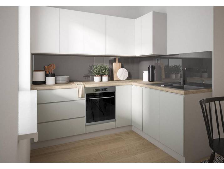 Feldmann-Wohnen Winkelküche Florence, (Schubladen mit Vollauszug + Selbsteinzug (HETTICH InnoTech Atira), 230x210cm grau signalweiß - papyrusweiß matt HETTICH Vollauszug