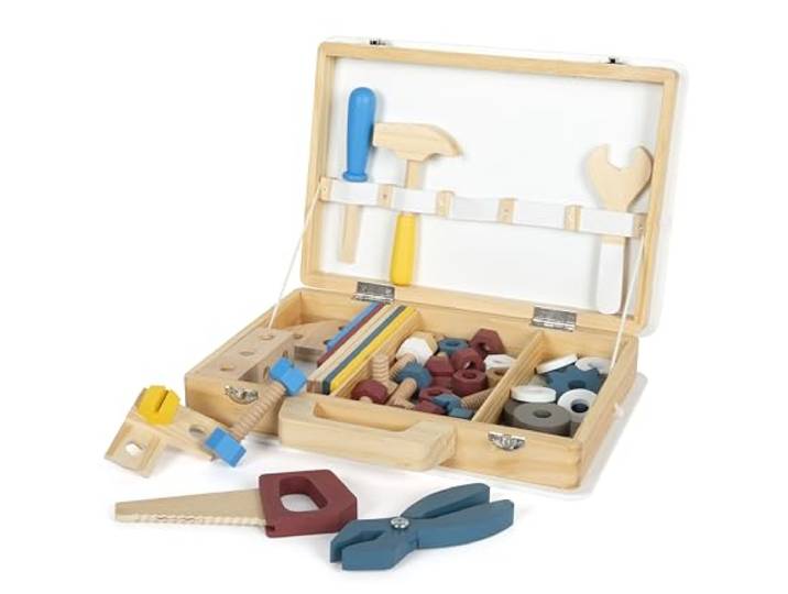 small foot Werkzeugkoffer „Workshop“, mit Werkzeug und Zubehör aus Holz, für Kinder ab 3 Jahren, 12556, Braun, Beige