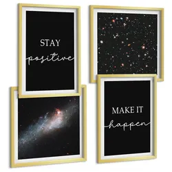 BILDER SET 4er Set - 50x50 cm & 40x60 cm Goldrahmen - Motivationsslogans Sterne Weltraum