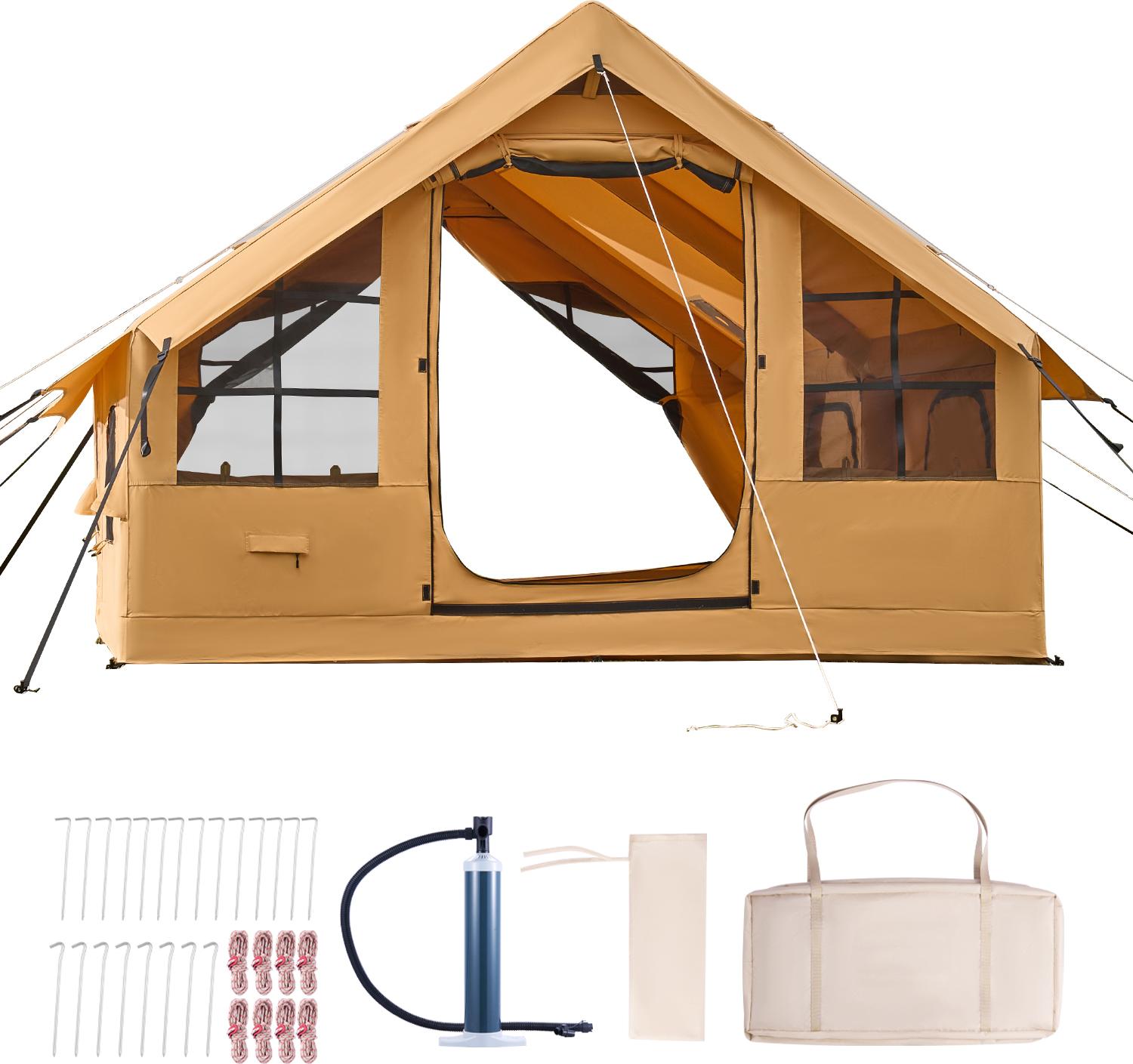 SucceBuy Aufblasbares Campingzelt für 5-8 Personen, 4x3x2,2 m Glamping-Zelt mit Handpumpe, Oberlichtern, Baldachin, Ofenanschluss, Türen, Netzfenstern und Tragetasche