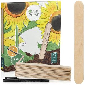OwnGrown Pflanzenschilder Stecketiketten-Set, braun, Holz, zum Beschriften, 15 x 1,4 cm, 50 Stück & 1 Marker