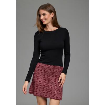 Strickkleid MELROSE, Damen, Gr. 44, N-Gr, Langarm, Feinstrick, schwarz (schwarz, rose), Feinstrick, Obermaterial: 70% Viskose, 30% Polyamid, Jacquardmuster, sehr figurbetont mini, Rundhals, Kleider Strickkleid, für Partys, figurbetont mit trendy...
