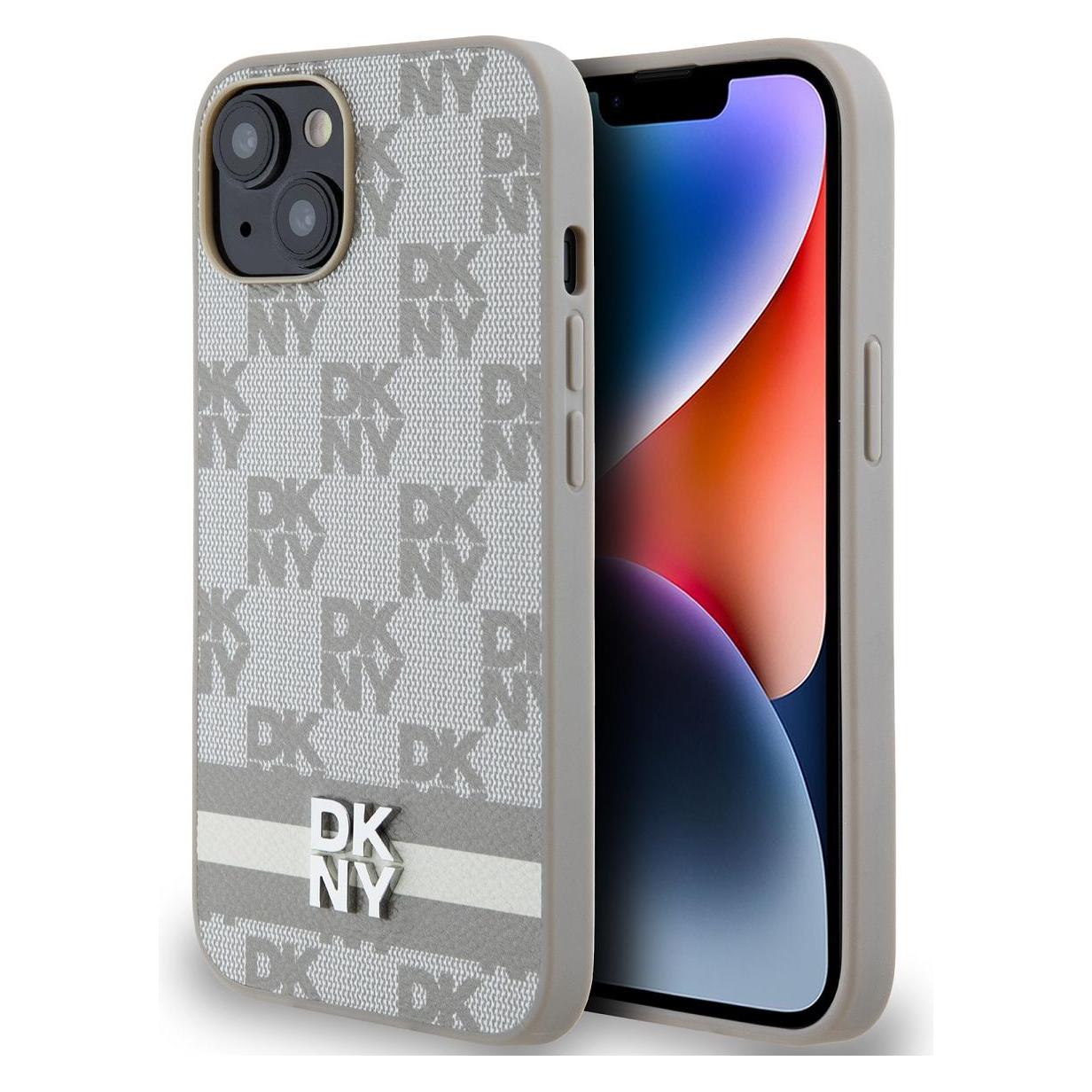 DKNY PU Leather Checkered Pattern and Stripe Case for iPhone 14 Beige (Apple iPhone 14) (DKHCP14SPCPTSSE)