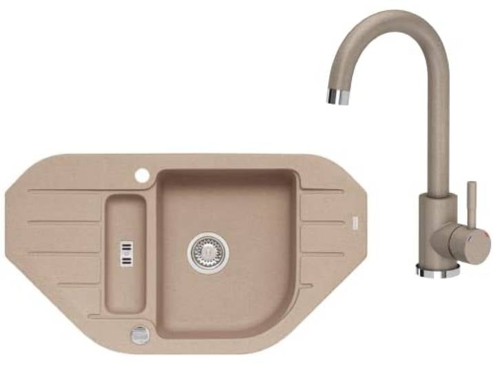 VBChome Spülbecken mit Armatur 90x50 cm Beige Granit 1,5 Becken 1,5 Abtropffläche Einbauspüle gesprenkelt Eckspülbecken Restebecken Armatur Siphon Spülbecken mit Beige Armatur