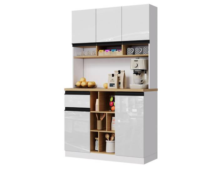 Evryae Buffet Küchenbuffet in weiß Hochglanz mit Holzarbeitsfläche und 3 Zonen Stauraum mit Kippschutz, Weiß, 10 Fächer, 1 Schubladen, Rechteckig, 105x185x45 cm, Esszimmer, Anrichten, Buffetschränke