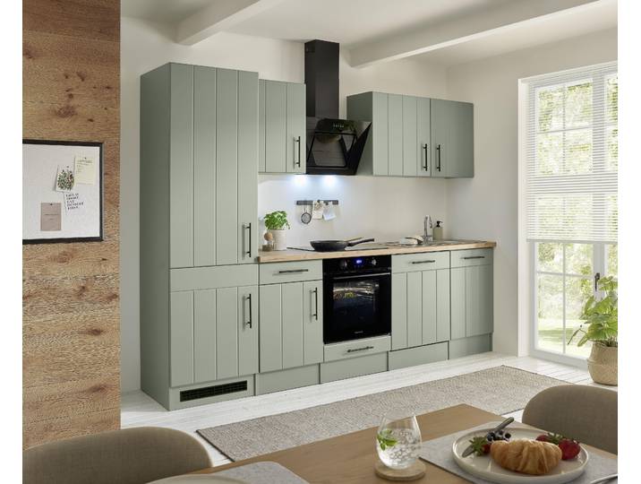 Küche Küchenzeile Landhaus Grün Anton 280 cm Induktion Kühlschrank groß Respekta
