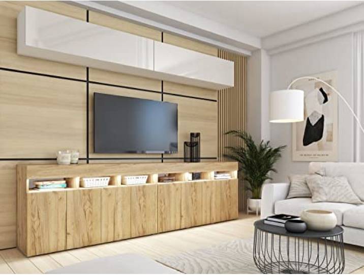 BROMARKT Premium Wohnwand Wohnzimmer Set 4 Teile - Wohnzimmer Schrank - Wohnzimmer Möbel mit Kommode - Wohnwand Modern - Wohnzimmerschrank Komplett Möbel - Hochglanz Weiß und Eiche Craft
