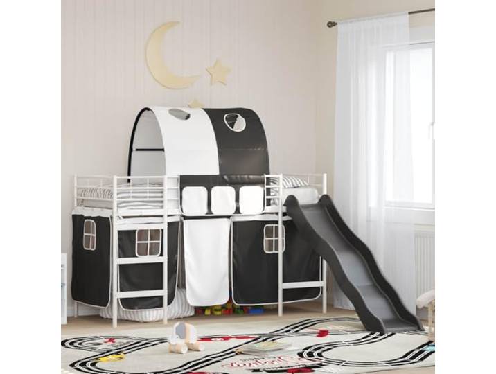 RJPLMFV Hochbett für Kinder, 75 x 190 cm, Weiß und Schwarz Langlebiger Stahlrahmen, Netzvorhänge, sichere Rutsche, Lattenrost für Kinderzimmer