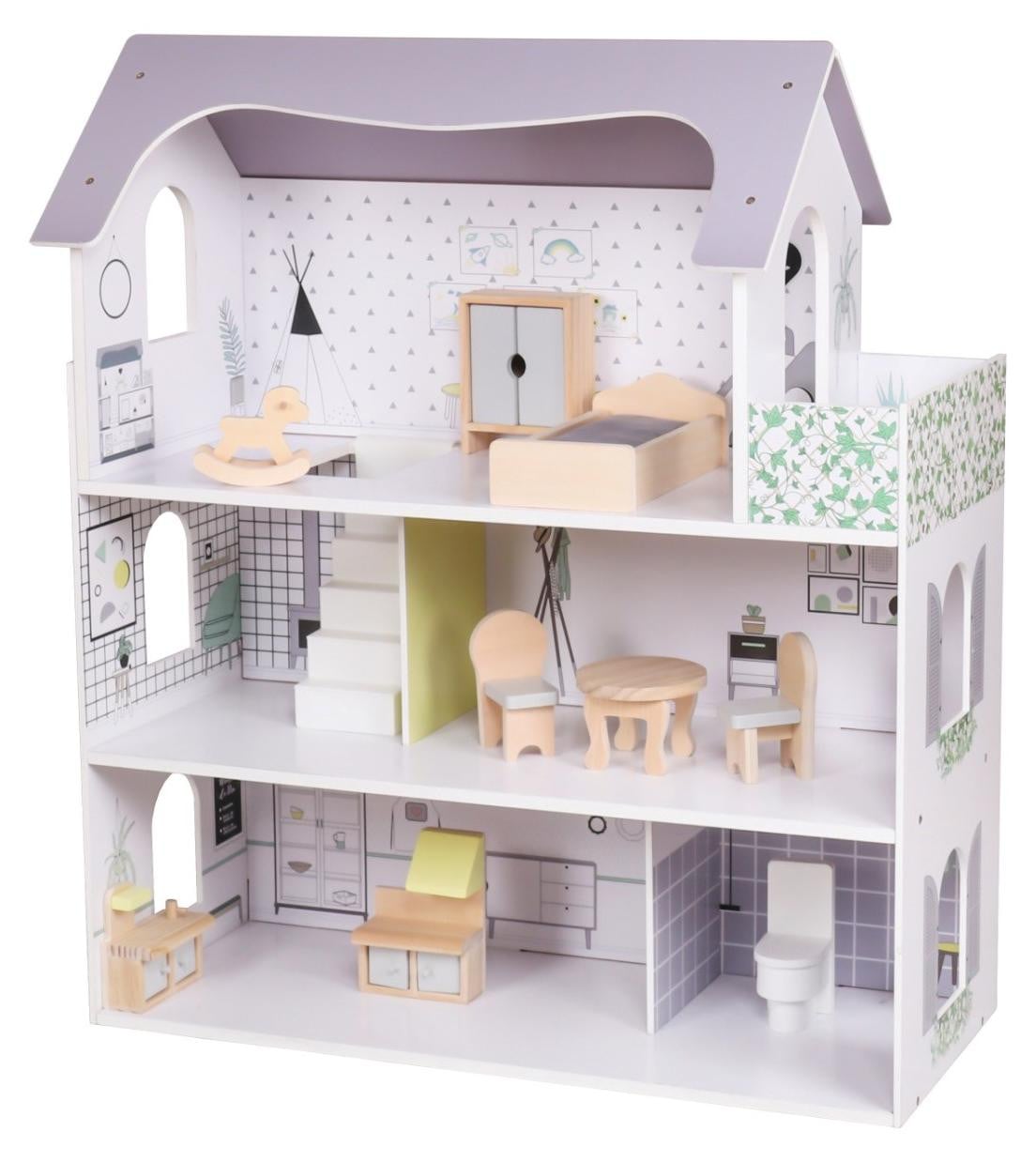Baby Mix Houten poppenhuis met meubels, Rose Montessori