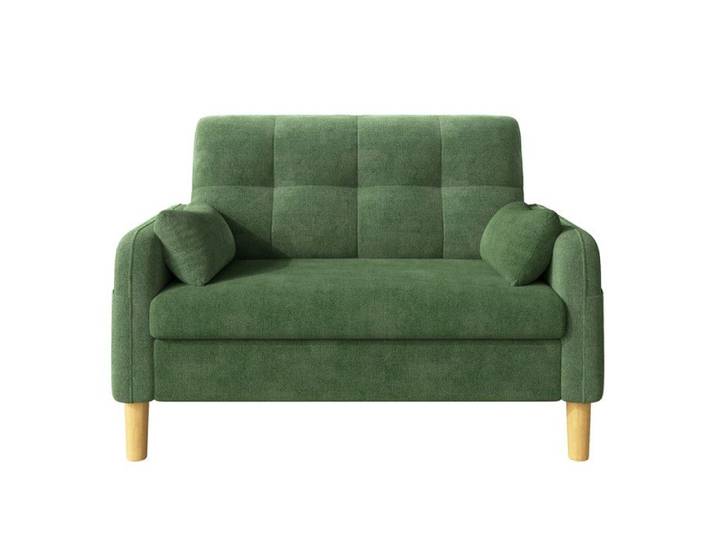 Canapé 2 places chenille vert moelleux - Coussins inclus rangement latéral idéal petit appartement salon chambre