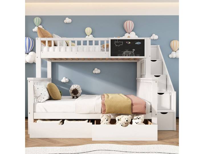 Lit superposé enfant - Multifonctionnel - 90x200 et 140x200 - Bois massif - Blanc