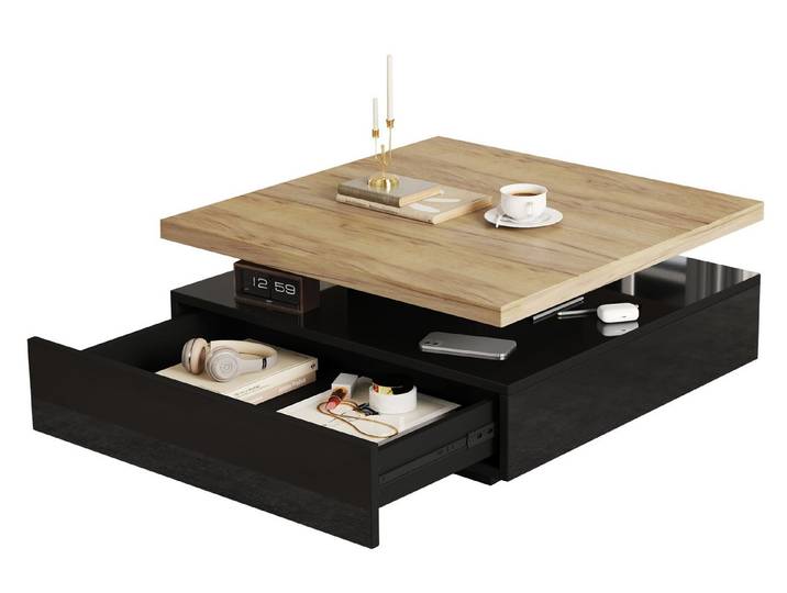 SeedWave Couchtisch Quadratischer Sofatisch mit 360° Drehbarer Ober-Tischplatte, Schublade, Hochglänzende Oberfläche an Unterseiten