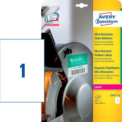 Avery Zweckform Etiketten L7917-10, ultraresistent, geeignet für Laserdrucker, 210 x 297 mm, 10 Stück/10 A4-Bogen, Polyethylen-Folie, weiß