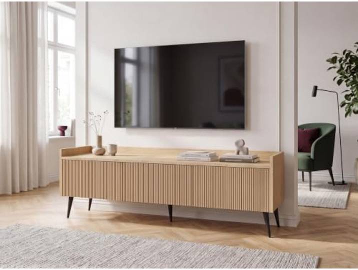 WFL GROUP TV-Lowboard Arysa – Geriffelt Frühlings-Eiche 150 cm – TV-Schrank fürs Wohnzimmer – Hohe Metallfüße 15 cm – Hergestellt in der EU
