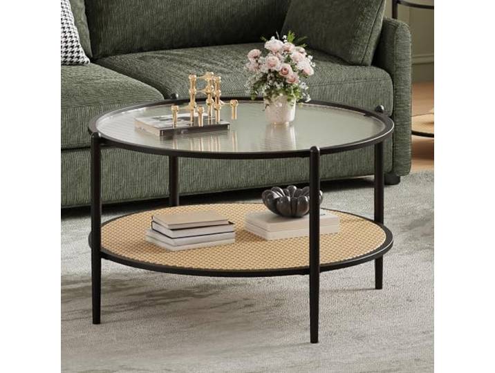 GarveeHome 2-Stöckiges Runder Couchtisch Mit Geriffelter Glasplatte, Beistelltisch Mit Rattanablage, Minimalistischer Couchtisch Mit Metallgestell, Für Wohnzimmer, 78 x 78 x 48,5 cm