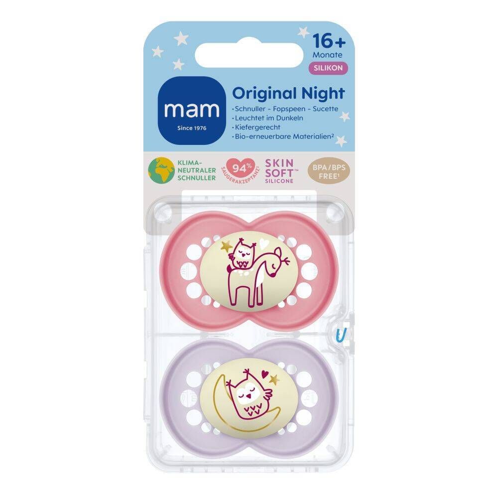 MAM Original Night Fopspeen Silicone Pink 16m+ 2 St Schnuller
