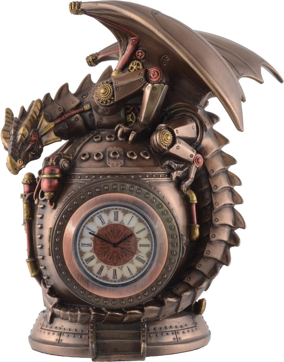 Veronese Design Steampunk Draak op de Tijdmachine met Analoge Klok - H 18 cm x B 14 cm x D 11 cm