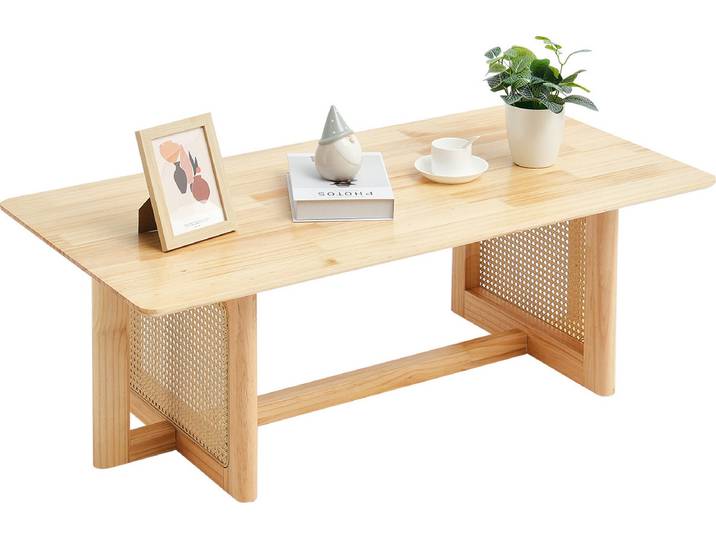Table basse en rotin VEVOR Table basse rectangulaire en rotin tressé avec plateau en hévéa\, 120 cm Table basse boho moderne avec espace de rangement & pieds en bois naturel\, pour le salon