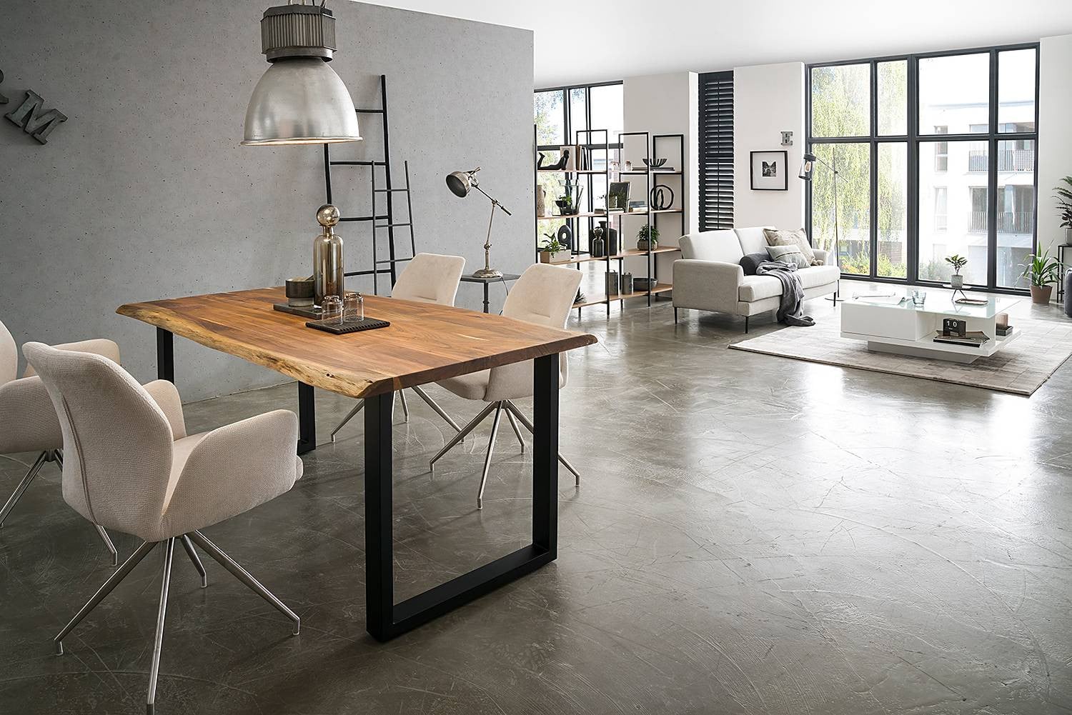 home24 Eettafel Ratopp, Bruin/Beige, 240 cm, Rechthoekig met Live Edge en Sled Base