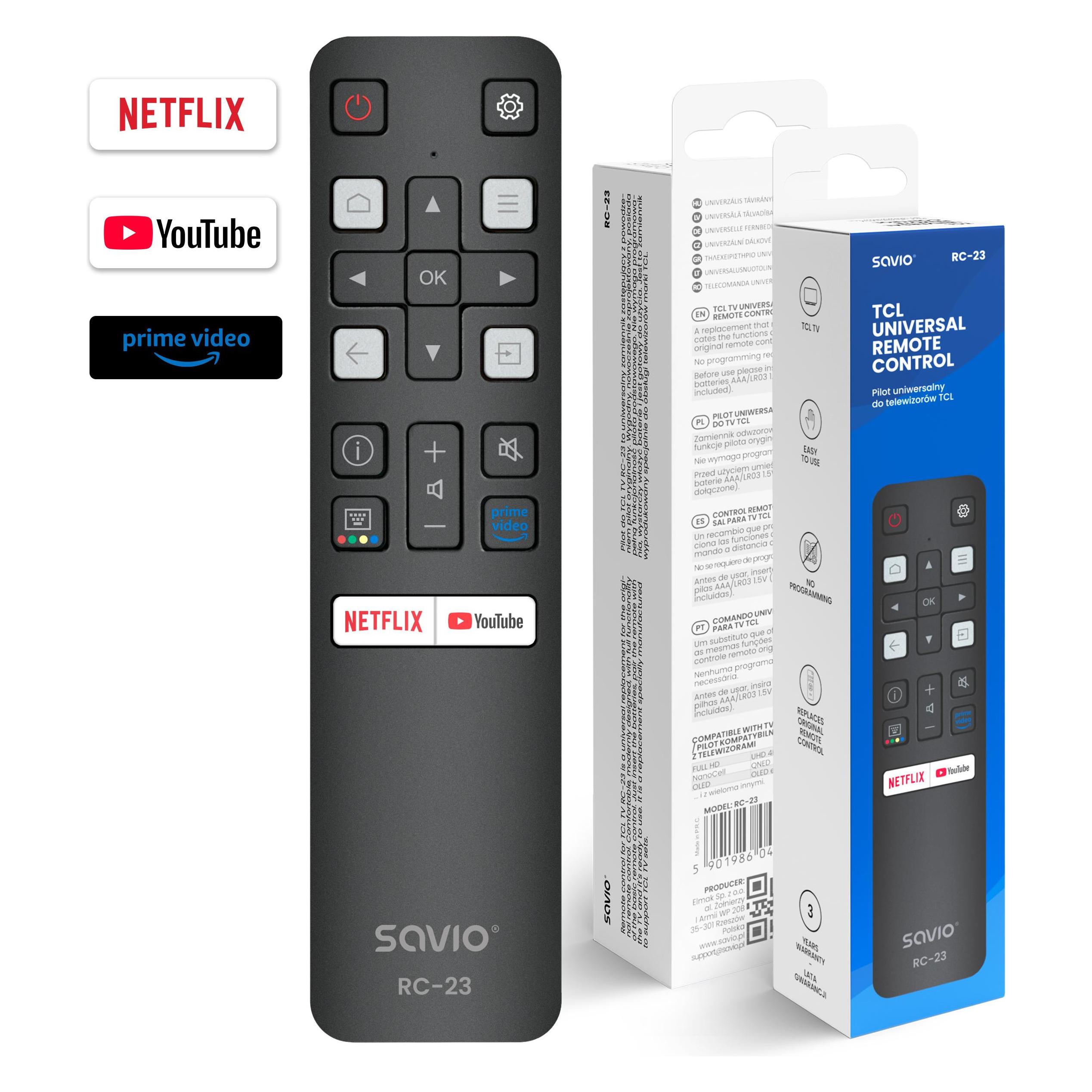 Savio RC-23 Universelle / Ersatz-Fernbedienung für TCL-Fernseher (Universal Fernbedienung, Infrarot) (RC-23)