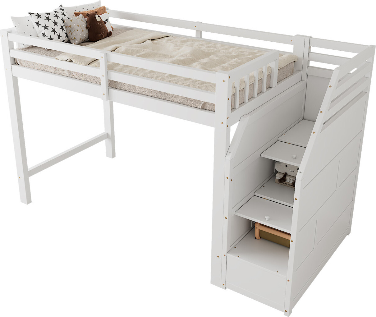 Hochbett, 90x200cm, Bett mit Lattenrost (ohne Matratze)Geländer,Verstaubare Stufen,Freier Raum zum Verkleiden nach Belieben, EN747