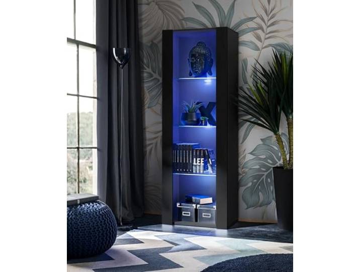 Komodee Vitrine Tivoli A1 Schwarz/Schwarz 55x159x35 cm Vitrine Tivoli, Schwarz/Schwarz, Breite 55cm x Höhe 159cm x Tiefe 35cm, LED Blau, 3 Regalböden, Glassvitrine für Wohnzimmer