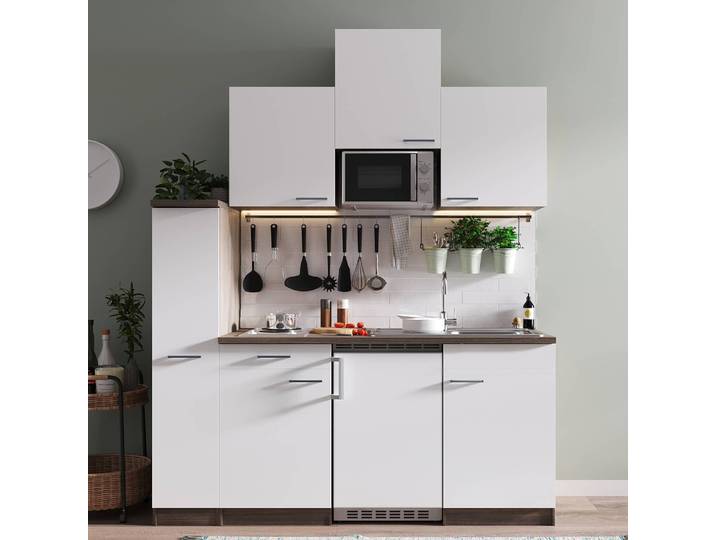 Cuisine Oliver II 180cm Blanc/Blanc/Imitation chêne foncé Plaque de cuisson