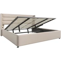 Merax Hydraulisches Polsterbett 140x200 Stauraumbett Doppelbett aus Leinen mit Metallrahmen & Lattenrost Beige