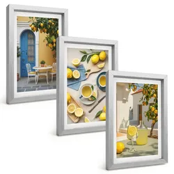 BILDER SET 3er Set - 20x30 cm Silberner Rahmen - Zitronenlimonade blaue Tür