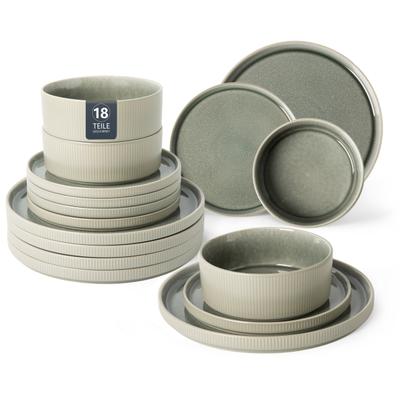 Geschirr-Set OTTO HOME "YLVII,außen matt,innen reaktiv glasiert, Steinzeug, 18-tlg.für 6 Pers.", reactive grün, 18, Steinzeug, Geschirr-Sets, Geschirr-Set, Riffeloptik, spülmaschinenfest und mikrowellengeeignet