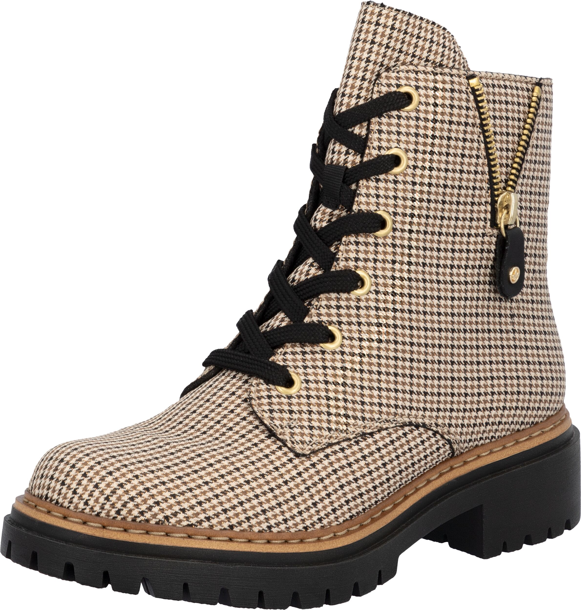 Schnürstiefelette RIEKER, Damen, Gr. 36, wärmend, beige, schwarz, Textil, Glanzfaden, Schuhe Schnürstiefelette, Schnürboots, Herbstboots, Profilsohle, Blockabsatz, im Pepita-Look beige, schwarz 36, wärmend
