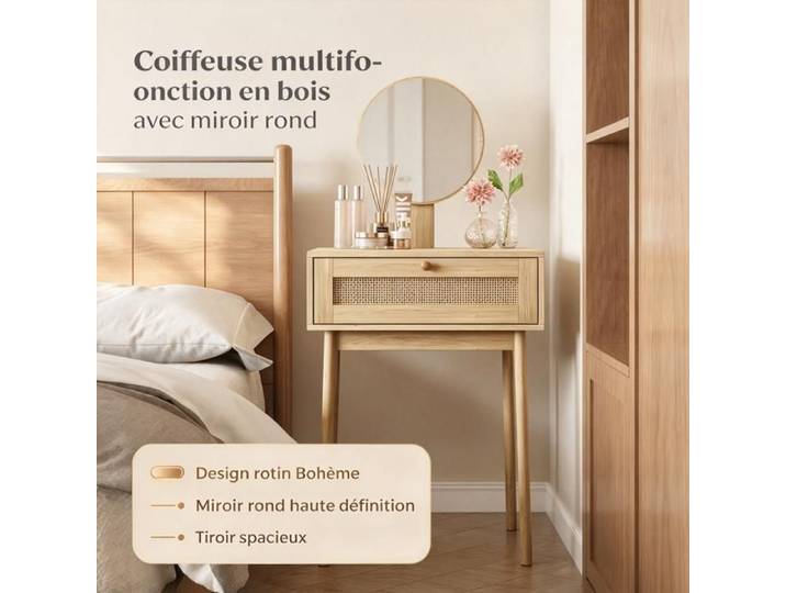 Coiffeuse en rotin avec miroir - URTR - compacte et mignonne chambre et petits espaces pratique - Chêne