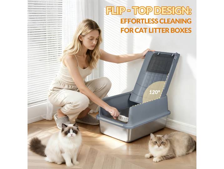 Bac à litière pour chat en acier inoxydable avec couvercle, bac à litière pour chat en métal fermé XXL avec pelle et repose-pieds, facile à nettoyer, gris foncé