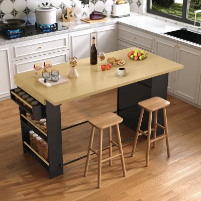 "59""Modern Kitchen Island Table with Wood‑Top & Storage Cabinet, Drawers, Side Spice Racks, Hooks Multi‑Functional Dining Table"