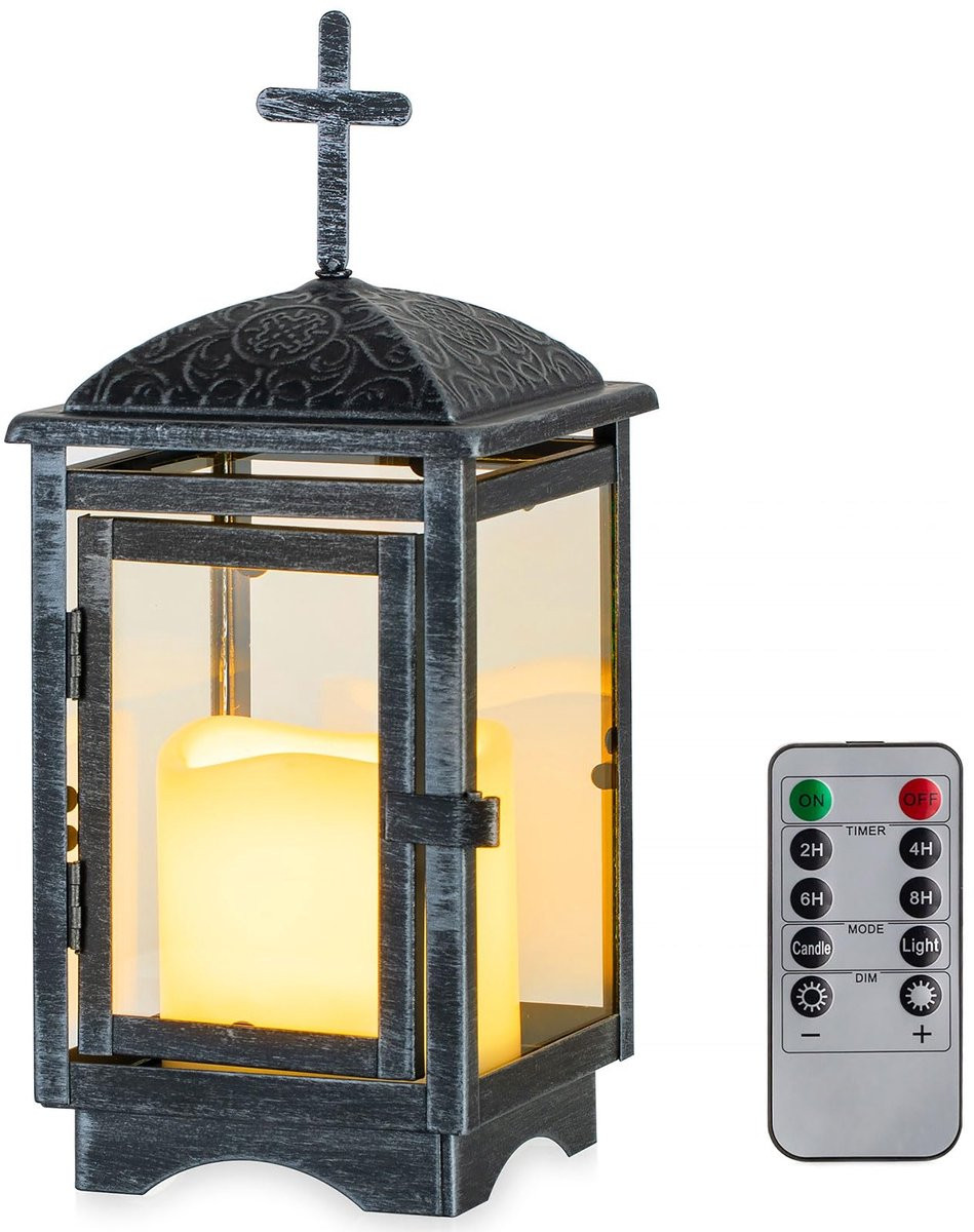 Zwarte metalen graflantaarn met led-kaars voor op de begraafplaats