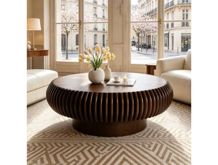 YPDOPORA Runder Geriffelter Couchtisch,Couchtisch aus Holz in Trommelform Runder Couchtisch aus Holz im Mid-Century-Modern-Stil mit stabilem Sockel für kleine Wohnzimmer