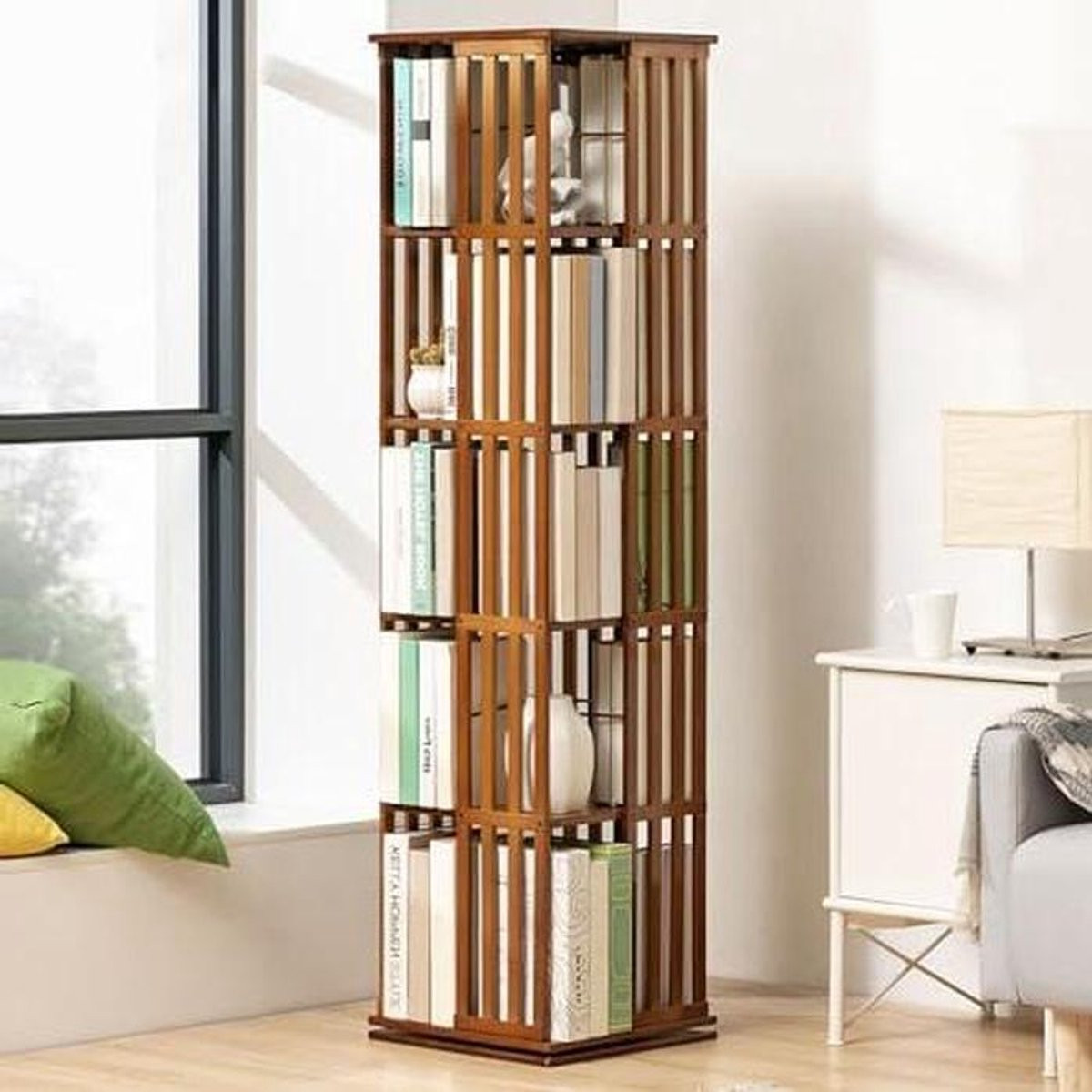 Draaibare Boekenkast Houtkleur - 360 Graden Draaiend Opbergrek - 5/6 Laags Staand Model