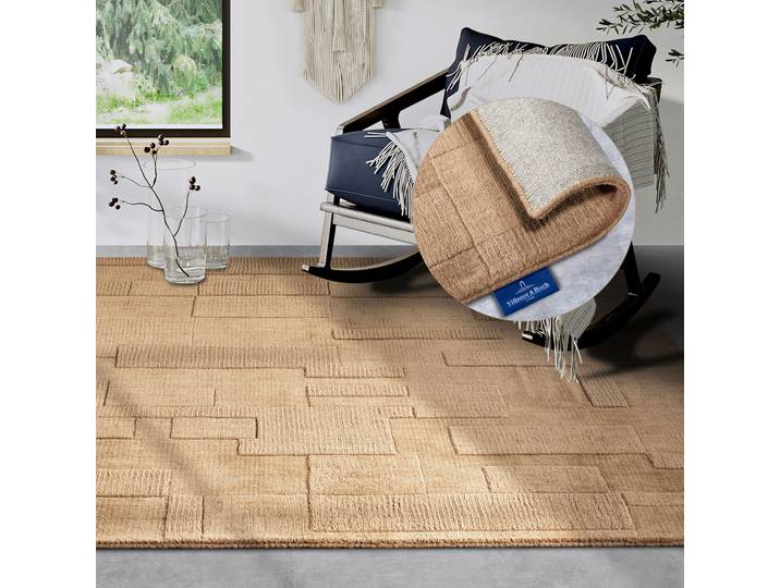 Wollteppich VILLEROY & BOCH Wilhelmine , beige, B:120cm H:10mm L:170cm, Wolle, Teppiche, Wollteppich, Läufer, handgewebt, Wolle, Natur, Wohnzimmer, Geometrie, Boho