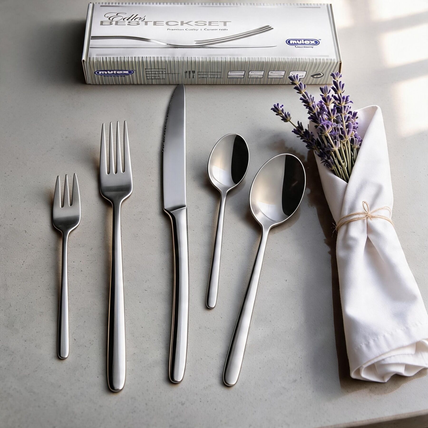 Besteck-Set MULEX "Pasadena", silber (edelstahlfarben), 30 Stk., Chromnickelstahl 18/10, Essbesteck-Sets, lang und schlank mit fließenden Übergängen