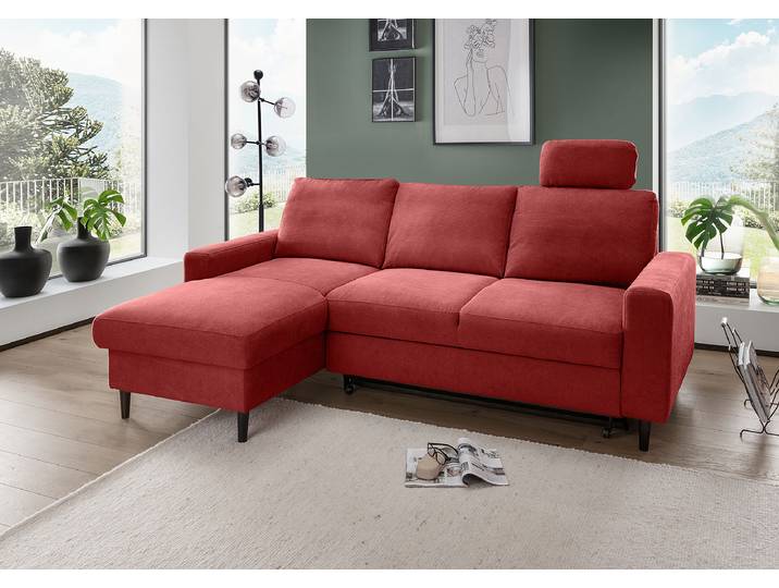 Ecksofa mit Schlaffunktion Rot Webstoff Jimin 234 x 88 x 147cm Longchair davorstehend links mit Schlaffunktion Modern