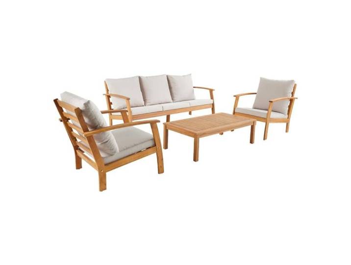 Salon de jardin USHUAIA 5 places écru en bois d'acacia. un canapé. une table. deux fauteuils