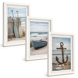 BILDER SET 3er Set - 20x30 cm Weißer Rahmen - Strandbootanker Sand