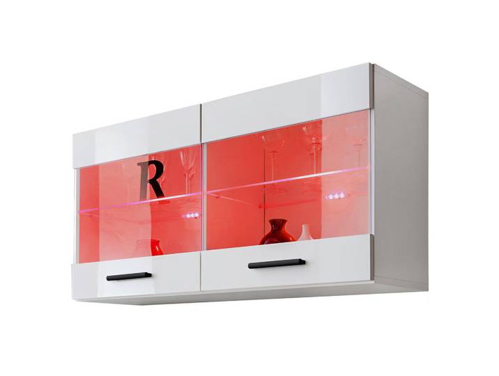 Komodee Hängevitrine Savona, Weiss, LED Mehrfarbige, Weiß, Weiß, Glas, 2 Fächer, Rechteckig, 100x50x27.2 cm, Esszimmer, Vitrinen, Vitrinenschränke