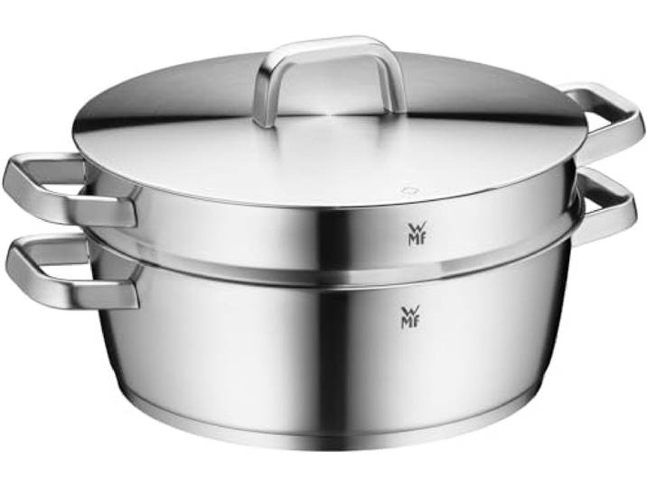 WMF Iconic Bräter mit Dampfgareinsatz 28cm, Schmortopf Induktion 5,7l, Kochtopf groß, Cromargan Edelstahl poliert, unbeschichtet