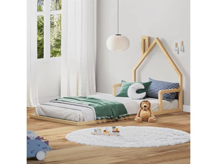 IDIMEX Bodenbett ELOA mit Hausdach 90x200 cm Natur Kiefer massiv, Montessori-Kinderbett, Montessori-Möbel